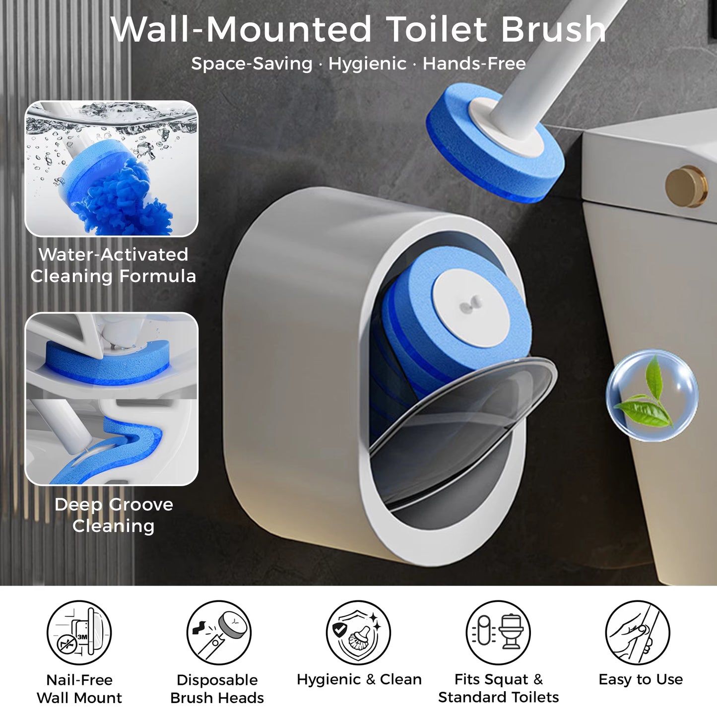 Disposable Wall-Mounted Plastic Toilet Cleaning Brush with Handle and 8-Piece Sponge Design Bathroom Accessories