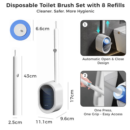 Disposable Wall-Mounted Plastic Toilet Cleaning Brush with Handle and 8-Piece Sponge Design Bathroom Accessories